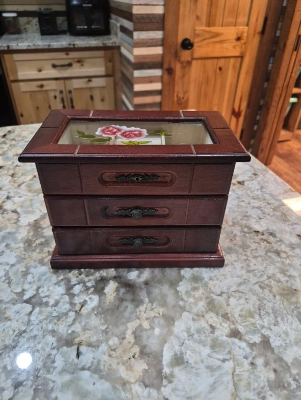 Vintage Wooden Jewelry Box With Floral Stained Glass & Drawers Cottagecore